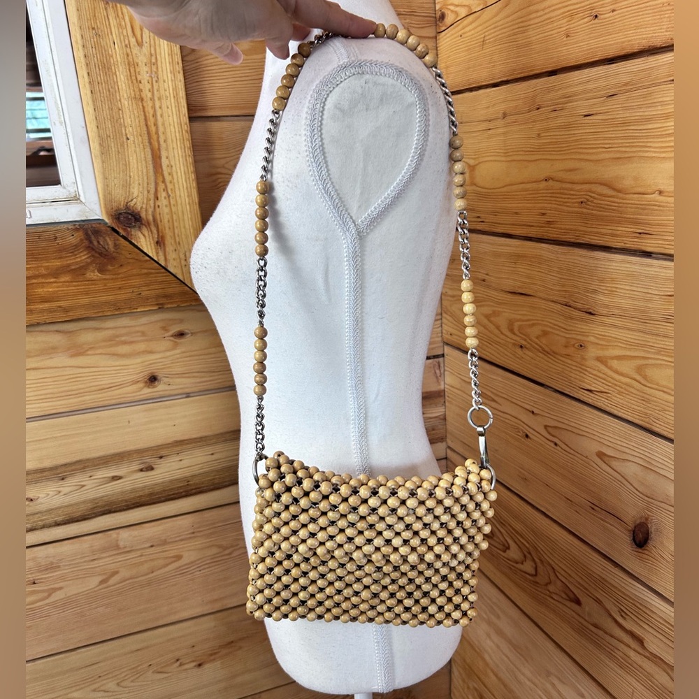 Vintage Wood Beaded Tan Crossbody Bag Small Purse Chain Japan Retro Boho Cottage